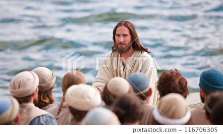 Jesus preaches the word of the Lord to a crowd of believers. 116706305