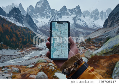 Close-up view of a hiker using smartphone's GPS app in mountain travel. 116706347