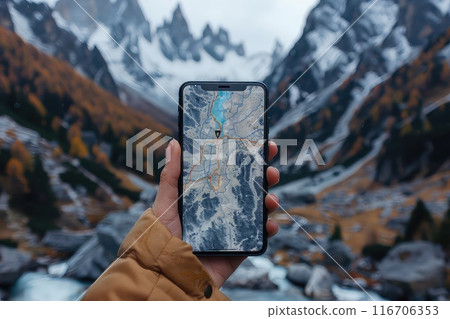 Close-up view of a hiker using smartphone's GPS app in mountain travel. 116706353
