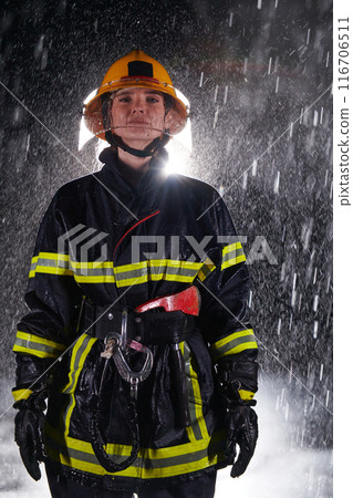 A determined female firefighter in a professional uniform striding through the dangerous, rainy night on a daring rescue mission, showcasing her unwavering bravery and commitment to saving lives. 116706511