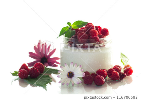 homemade food, milk yogurt with fresh raspberries 116706592