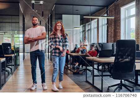 A young African American businessman and a modern businesswoman with orange hair stand side by side, arms crossed, exuding confidence and unity in a contemporary office setting, epitomizing dynamic A young African American businessman and a modern businesswoman with orange hair stand side by side, arms crossed, exuding confidence and unity in a contemporary office setting, epitomizing dynamic 116706740