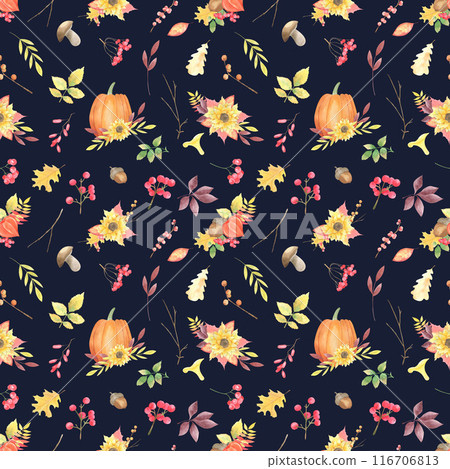 Watercolor hand drawn autumn pumpkin seamless pattern. Dark blue fall background. Pumpkin, sunflower, leaves, rose hip, branches, acorn autumn texture. Seamless pattern for fabric, wrapping paper. Watercolor hand drawn autumn pumpkin seamless pattern. Dark blue fall background. Pumpkin, sunflower, leaves, rose hip, branches, acorn autumn texture. Seamless pattern for fabric, wrapping paper. 116706813