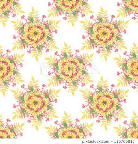 Watercolor hand drawn autumn seamless pattern with sunflower, red berries, physalis, yellow leaves on white background. Endless fall backdrop for textile, fabric and paper. 116706815
