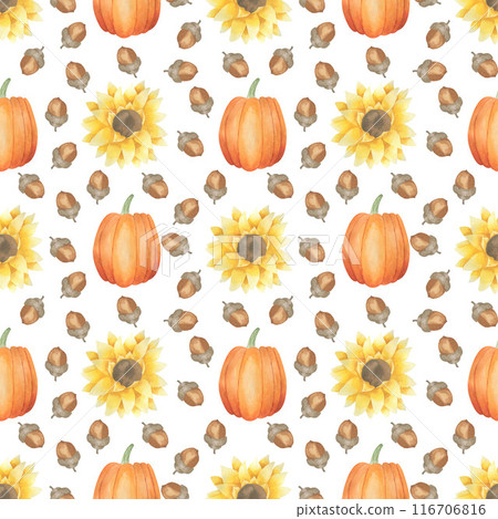 Watercolor hand drawn autumn seamless pattern with pumpkins, acorns, sunflowers on white background. Endless fall backdrop for wrapping paper and fabric. Cute pattern 116706816