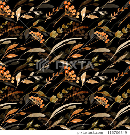 Autumn dried flowers and leaves seamless pattern. Botanical background. Dry floral backdrop. Digital paper, scrapbook paper. For wrapping paper, fabric, textile, packaging Autumn dried flowers and leaves seamless pattern. Botanical background. Dry floral backdrop. Digital paper, scrapbook paper. For wrapping paper, fabric, textile, packaging 116706849