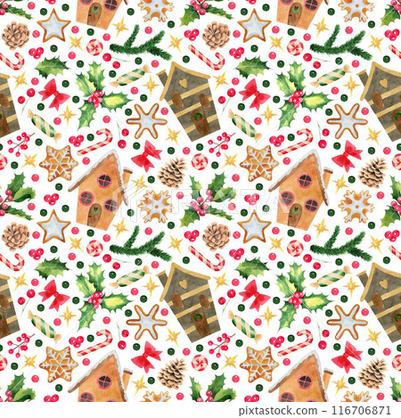 Watercolor hand drawn Christmas seamless pattern. Holiday texture for textile, fabric, wrapping paper, scrapbooking. Christmas illustrations. Traditional elements: gingerbread cookie, pine branches. 116706871