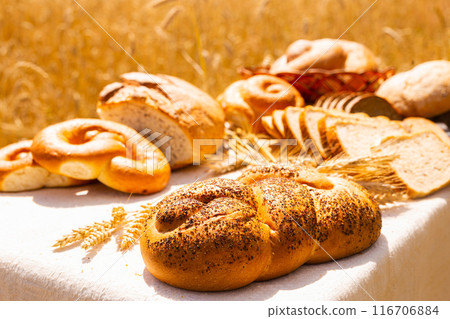 Lot of different flavored bread, wheat, rye, on the table in the field outside Lot of different flavored bread, wheat, rye, on the table in the field outside 116706884
