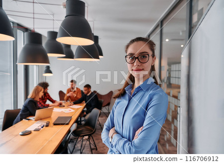 Businesswoman Leading Meeting with Colleagues in Modern Office. 116706912