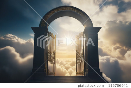gate to heaven in the clouds, sunlight at the end of the path gate to heaven in the clouds, sunlight at the end of the path 116706941