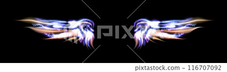 Transparent, luminous, iridescent wings on dark background. Abstract glowing stylized wings, isolated on black. Neon glow wing. Transparent, luminous, iridescent wings on dark background. Abstract glowing stylized wings, isolated on black. Neon glow wing. 116707092