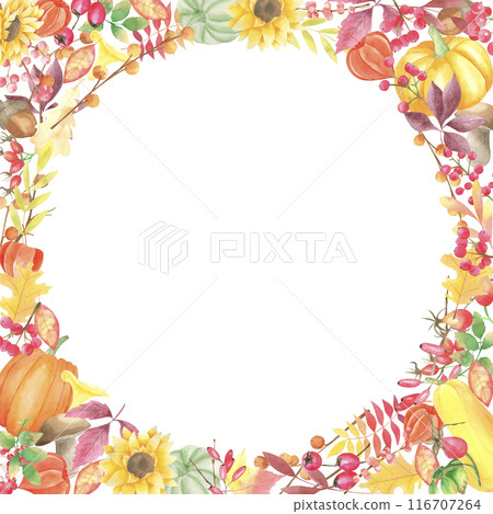 Watercolor hand drawn autumn frame with pumpkins, sunflower, fallen leaves, berries, branches on white background. Thanksgiving day decoration for greeting cards, invitations. Harvest day, fall. 116707264