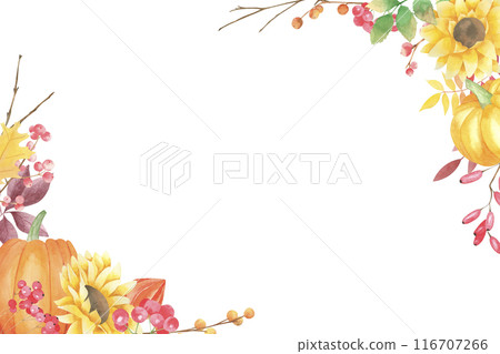 Watercolor hand drawn autumn frames with pumpkins, sunflowers, berries, branches on white background. Thanksgiving day decorations. Harvest day. Fall design for cards, invitations. Scrapbook element. 116707266