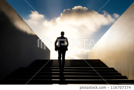 man in a suit climbs the stairs to the sunlight, business motivation 116707374