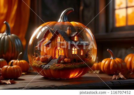 Halloween card, glass pumpkin with a house inside 116707452