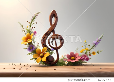 abstract musical background with musical treble clef and flowers 116707468