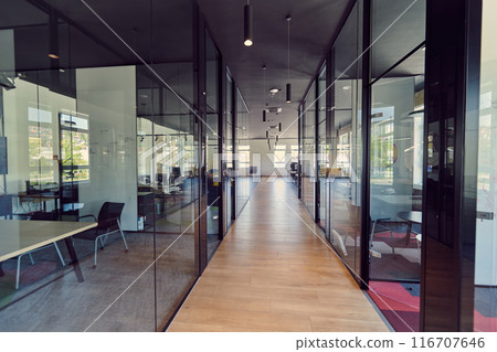 In a setting of modern, glass-walled business startup offices, the open, airy workspace reflects a contemporary and innovative ambiance, promising a dynamic environment for entrepreneurial growth In a setting of modern, glass-walled business startup offices, the open, airy workspace reflects a contemporary and innovative ambiance, promising a dynamic environment for entrepreneurial growth 116707646
