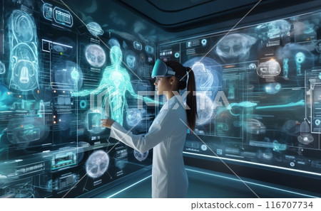 Exploring the Human Body: Doctor Researches in Modern Institute Surrounded by Medical Holograms.Generated image 116707734
