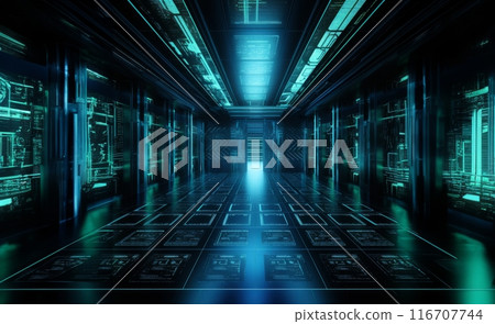The photograph captures the interior of a modern, spacious server room, showcasing rows of equipment, racks, and cables, illustrating the technological infrastructure and complexity required for data 116707744