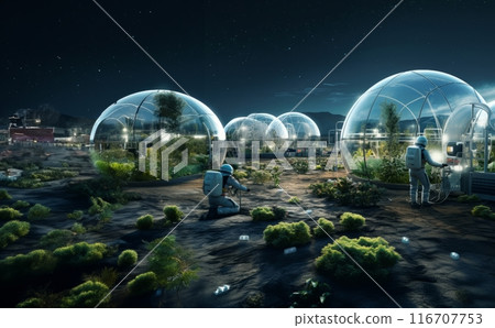 A futuristic depiction of agriculture shows cultivation and farming in glass enclosures on the surface of Mars in space, highlighting innovation and sustainability efforts in space colonization and A futuristic depiction of agriculture shows cultivation and farming in glass enclosures on the surface of Mars in space, highlighting innovation and sustainability efforts in space colonization and 116707753