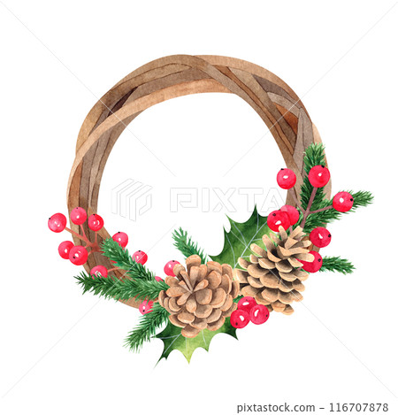 Watercolor illustration of a Christmas wreath. Round wooden wreath with berries, pine cones and christmas tree branches. Round hand drawn frame. Template for christmas greeting card Watercolor illustration of a Christmas wreath. Round wooden wreath with berries, pine cones and christmas tree branches. Round hand drawn frame. Template for christmas greeting card 116707878