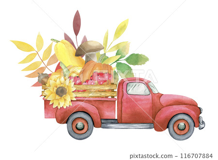 Watercolor old pickup truck with autumn leaves, pumpkins, sunflowers, berries, mushroom isolated on white background. Hand drawn fall car for thanksgiving day and harvest holiday. Greeting cards. Watercolor old pickup truck with autumn leaves, pumpkins, sunflowers, berries, mushroom isolated on white background. Hand drawn fall car for thanksgiving day and harvest holiday. Greeting cards. 116707884