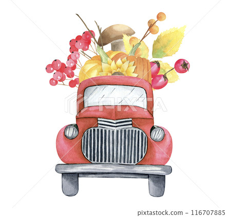 Watercolor old pickup truck with autumn leaves, pumpkins, sunflowers, berries, mushroom isolated on white background. Hand drawn fall car for thanksgiving day and harvest holiday. Greeting cards. 116707885