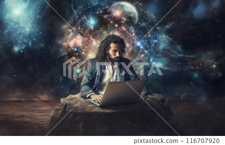 Hacker engrossed in his laptop delves into the intricate realms of cyberspace, surrounded by the vast expanse of a cosmic universe, symbolizing the fusion of technological prowess and the infinite 116707920