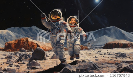 a group of friends revels in cosmic joy, creating unforgettable memories as they play and laugh together on the surreal surface of the moon, embodying the spirit of extraterrestrial camaraderie and 116707943