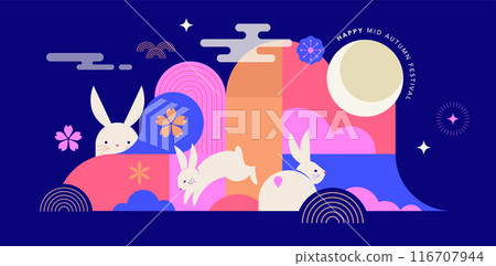Mid Autumn festival banner, background and poster. Geometric style design with full moon, rabbits 116707944