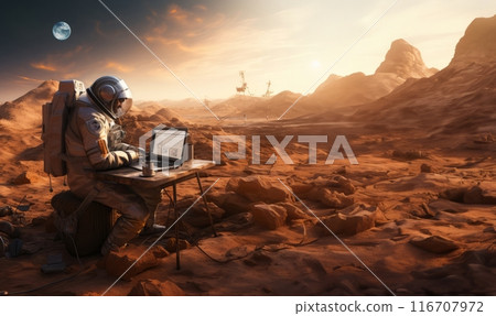 An astronaut on Mars utilizes a laptop during the enchanting sunset, blending the realms of technology and exploration on the red planet, symbolizing the cosmic connection between human innovation 116707972