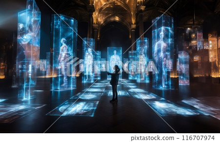 In a futuristic museum, holograms vividly depict the history of the country, showcasing its evolution and the profound changes it has undergone over time.Generated image 116707974