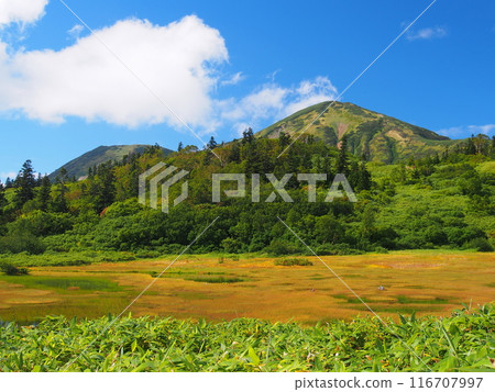 Lake Takaya and Mount Hiuchi in early autumn 116707997