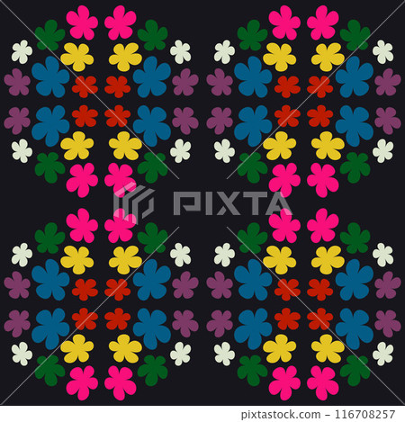 Seamless pattern with multicoloured flowers. 60's style. Design for packaging, background, wallpaper, t-shirt Seamless pattern with multicoloured flowers. 60's style. Design for packaging, background, wallpaper, t-shirt 116708257