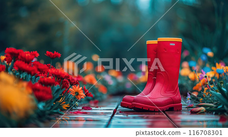 A pair of red rubber boots among colorful garden flowers, on a wooden deck against a vibrant background. High quality illustration 116708301