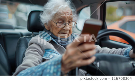 Senior woman driving car alone, holding smartphone and scrolling. Safe driving for elderly adults concept. High quality illustration 116708304