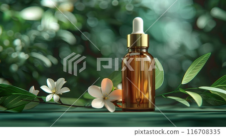 Amber dropper bottle with natural greenery and flowers on green background. Product display. Natural skincare concept . High quality illustration Amber dropper bottle with natural greenery and flowers on green background. Product display. Natural skincare concept . High quality illustration 116708335