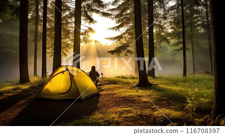 Back view of a male hiker enjoys a morning mug near his tent, alone with nature. 116708397