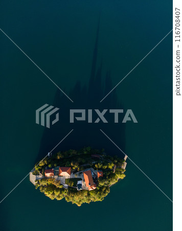 Drone shot flying. Slovenia. Lake Bled. Drone shot flying. Slovenia. Lake Bled. 116708407