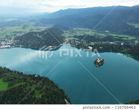 Drone shot flying. Slovenia. Lake Bled. Drone shot flying. Slovenia. Lake Bled. 116708463