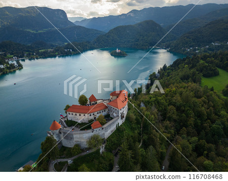 Drone shot flying. Slovenia. Bled Castle. Lake Bled. Drone shot flying. Slovenia. Bled Castle. Lake Bled. 116708468
