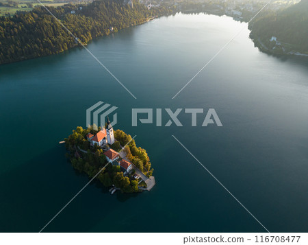Drone shot flying. Slovenia. Lake Bled. Sunrise. 116708477