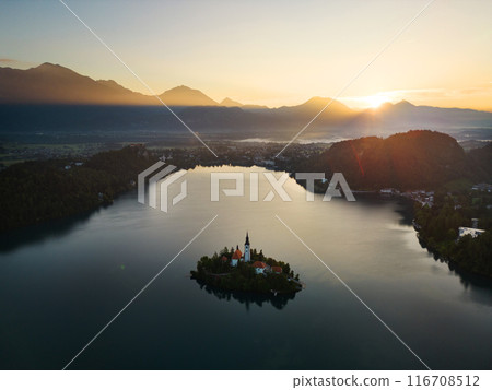Drone shot flying. Slovenia. Lake Bled. Sunrise. 116708512