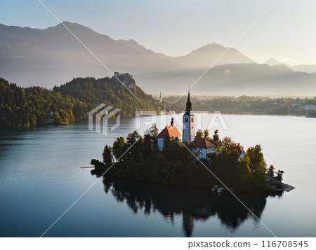 Drone shot flying. Slovenia. Lake Bled. Sunrise. 116708545