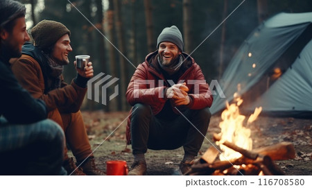 A group of male tourists enjoying a conversation in a tent in the autumn forest. 116708580
