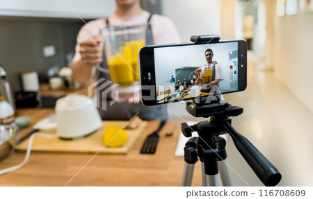 The chef is broadcasting live from workshop how to prepare a vegetarian food The chef is broadcasting live from workshop how to prepare a vegetarian food 116708609