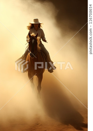 Serious young woman riding a horse wearing a cowboy hat in the dust of the prairie. 116708654