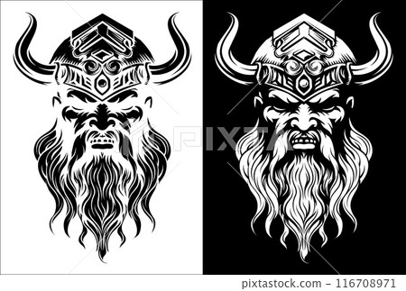 Viking Warrior Man Strong Mascot Face in Helmet Viking Warrior Man Strong Mascot Face in Helmet 116708971