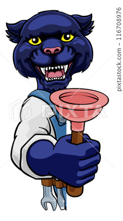 Panther Plumber Cartoon Mascot Holding Plunger 116708976