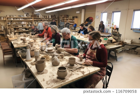 A diverse group of people come together to learn the art of pottery-making in a workshop, receiving instruction and guidance on sculpting clay into various vessels and forms.Generated image A diverse group of people come together to learn the art of pottery-making in a workshop, receiving instruction and guidance on sculpting clay into various vessels and forms.Generated image 116709058